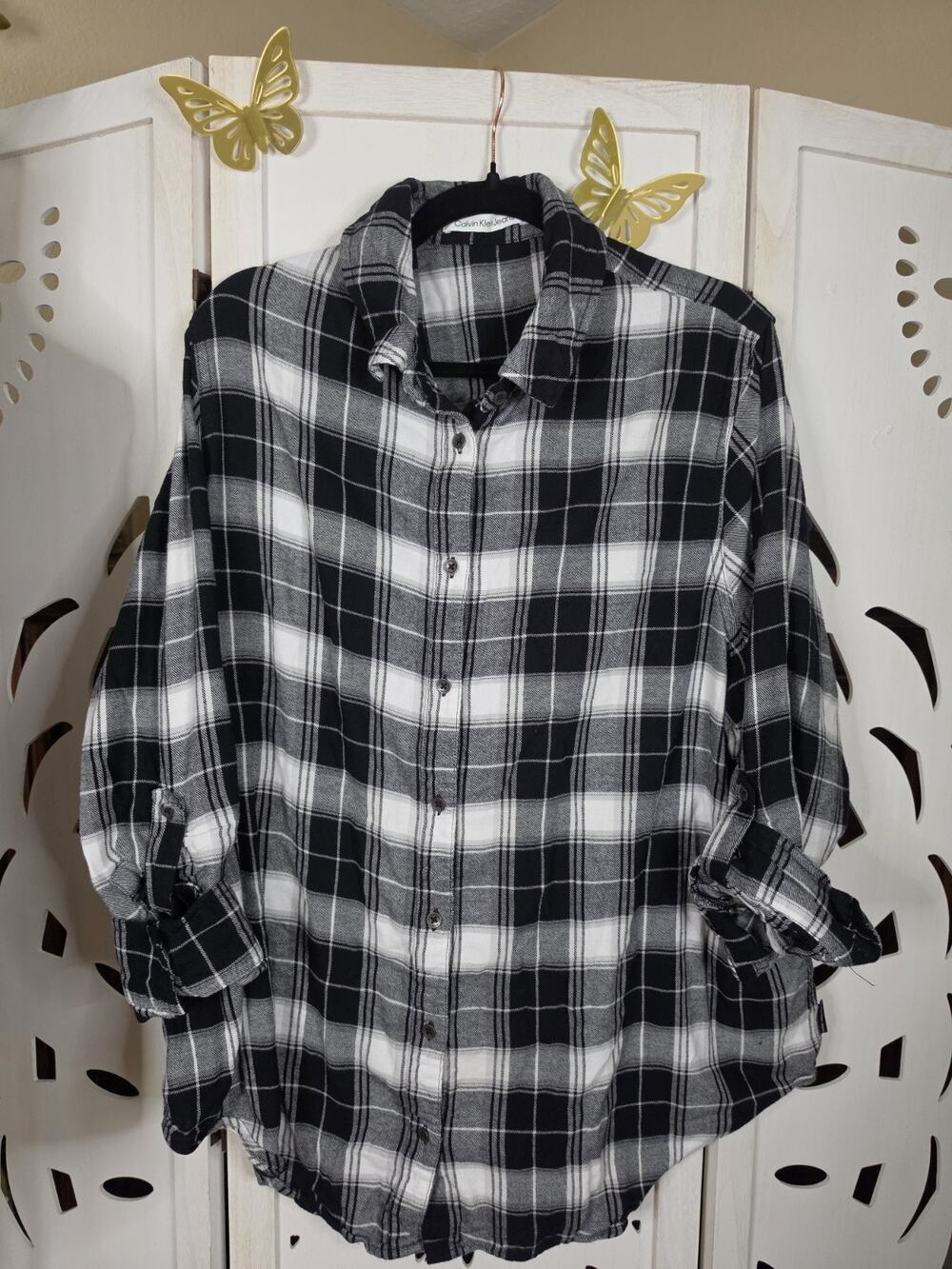 Women's Calvin Klein Jeans Black And White Flannel Size 3X Roll up sleeves